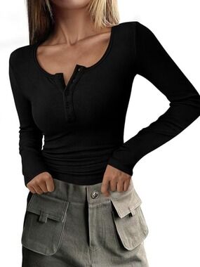 ✨Prettygarden Women's Long Sleeve Henley Slim Fit Top Large NWT
